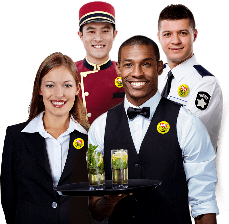 A Waitor, Valet, Bellhop, and Guest Services Agent wearing a Rate My Smile Pin